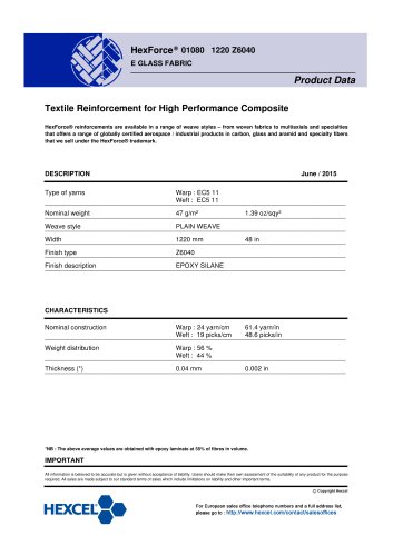 HexForce® 01080 1220 Z6040 E GLASS FABRIC