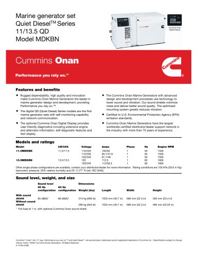 Cummins Onan Marine Generator Set Quiet Diesel™ Series 11/13.5 QD Model MDKBN