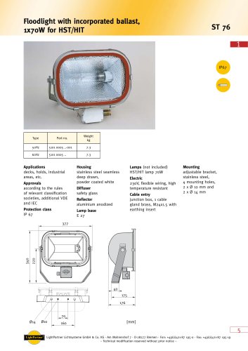 deck floodlight for ships < 250 W (with incorporated ballast) ST76