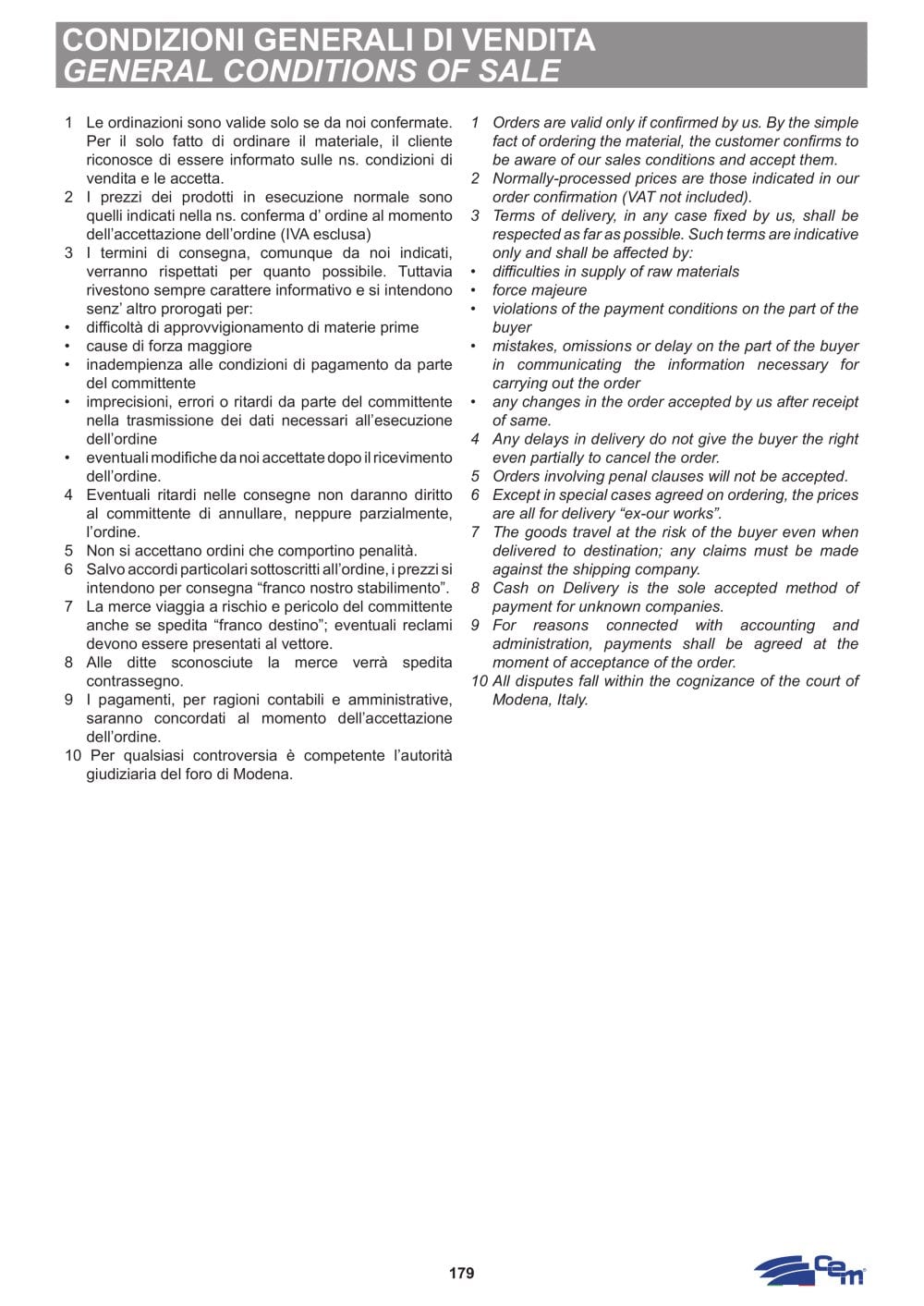 GENERAL CONDITIONS OF SALE - CEM  S.r.l.
