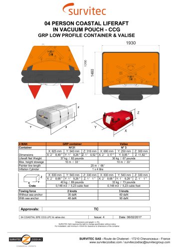 04 PERSON COASTAL LIFERAFT IN VACUUM POUCH - CCG GRP LOW PROFILE CONTAINER & VALISE