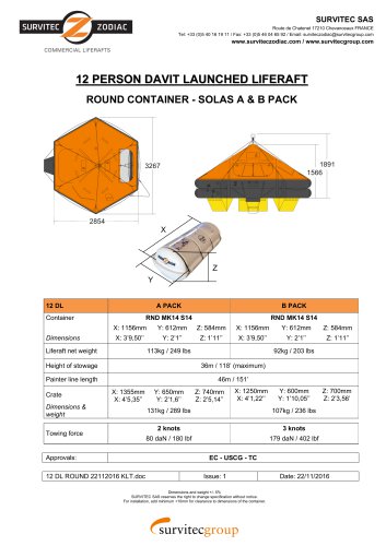 12 PERSON DAVIT LAUNCHED LIFERAFT ROUND CONTAINER - SOLAS A & B PACK