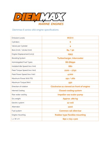 Diemmax 6 series-260 engine specifications