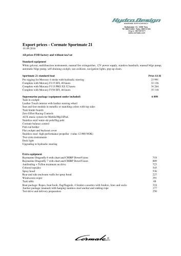 Export prices - Cormate Sportmate 21